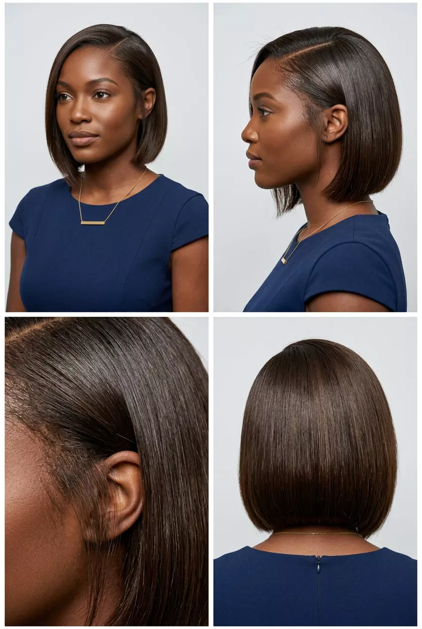 shoulder-length bob haircut with espresso brown color, deep side part for summer work