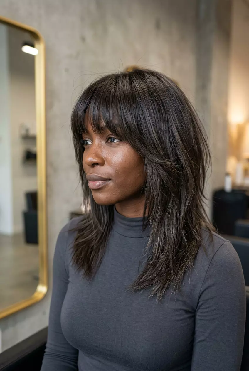 shoulder-length layered shag haircut in espresso brunette with ash lowlights and brow fringe for edgy look