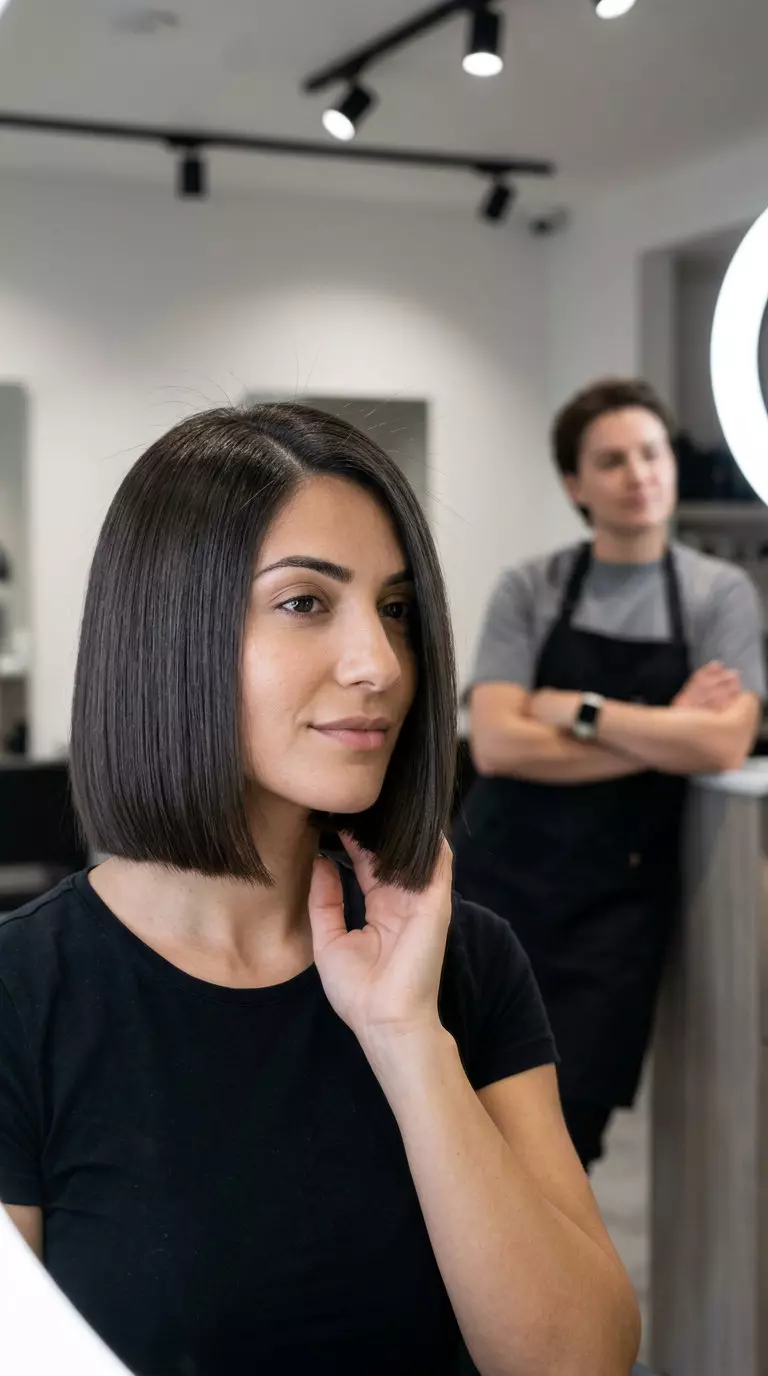 Polished Summer Bob 2026 chin-length cool espresso brunette bob with deep ash tone and blunt cut for sophisticated style