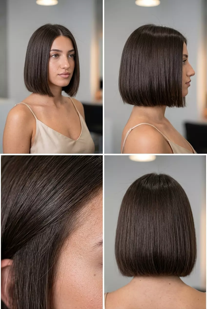 Espresso Gloss Slick Bob 2026 chin-length blunt bob with espresso brunette and high-gloss finish, no fringe — sophisticated power lunch