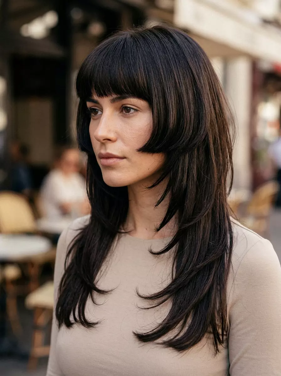 ear-length wolf cut in espresso brunette with cool undertones, blunt 'bell' shape, long disconnected layers &mdash; edgy avant-garde look