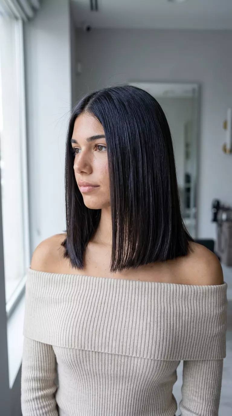 long espresso brunette with blue-violet undertones, glass shine, no fringe &mdash; sophisticated