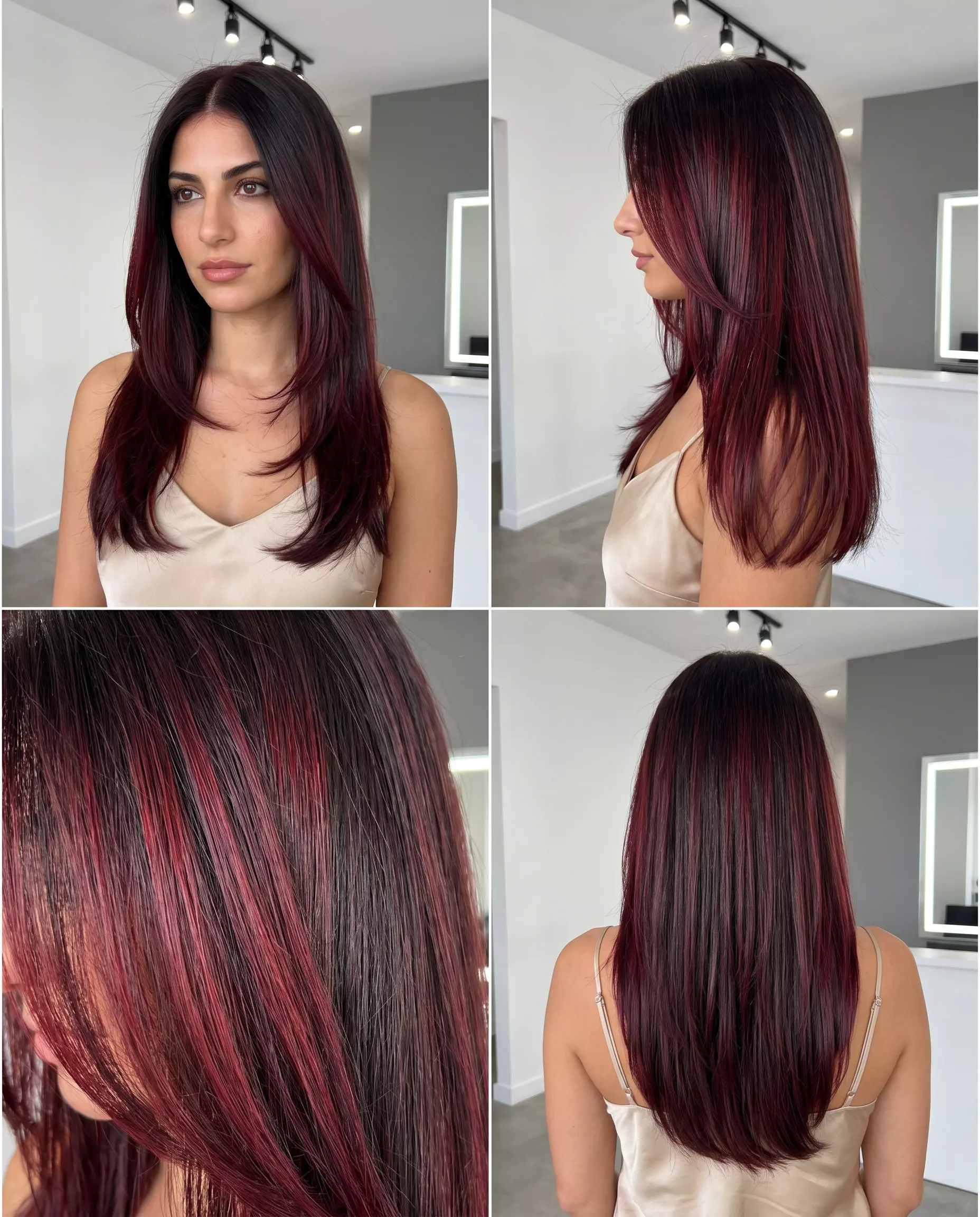 long layered haircut with deep espresso brunette, cherry cola red undertones, and blunt perimeter for summer 2026