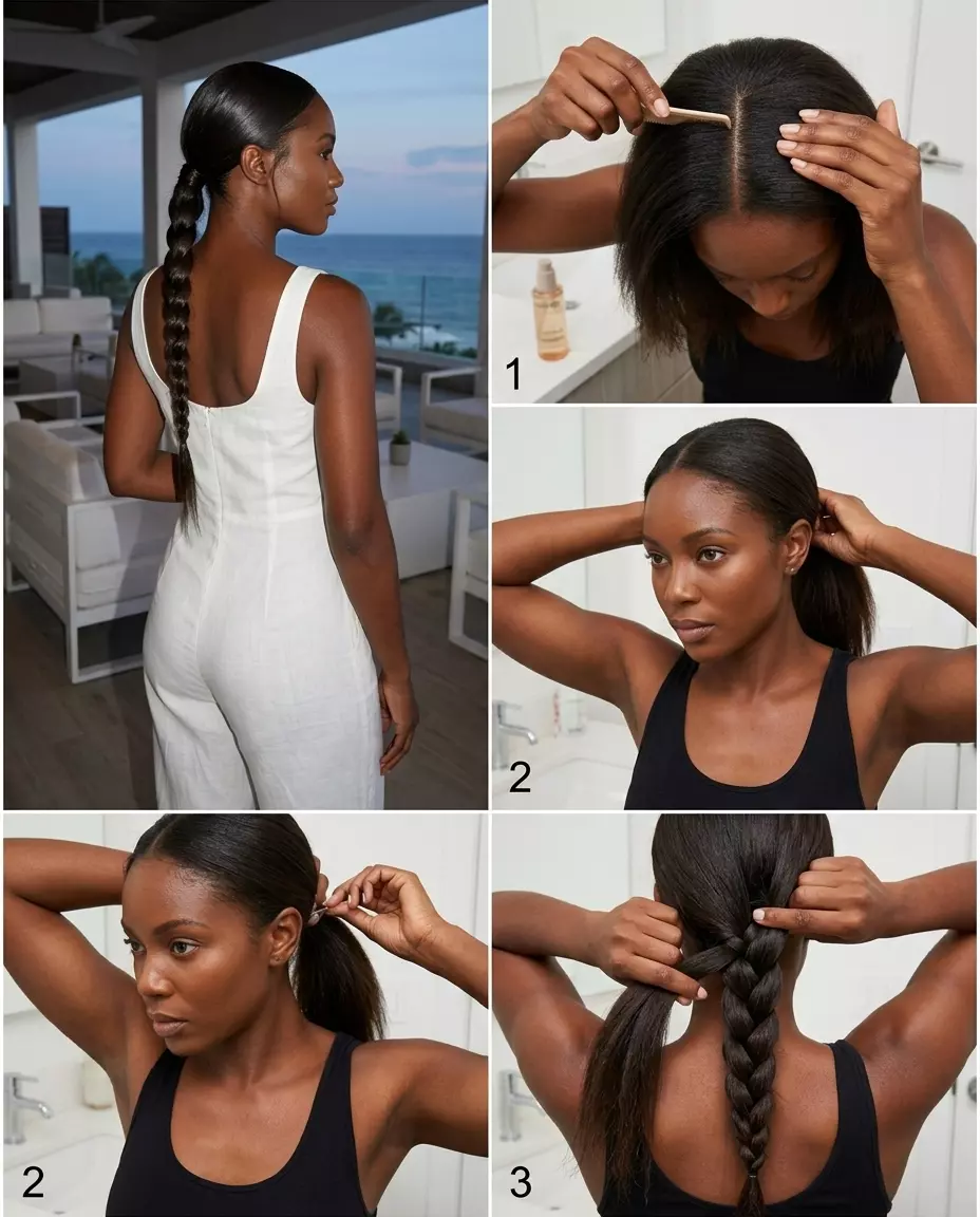 long espresso brunette sleek low braid with center part for sophisticated beach event