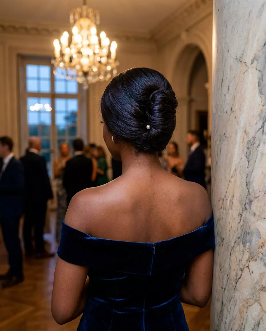 Scandi-Slick French Twist Hairstyle 2026 medium-long blunt cut French twist with espresso brunette hair, no layers, sharp perimeter — elegant sophisticated