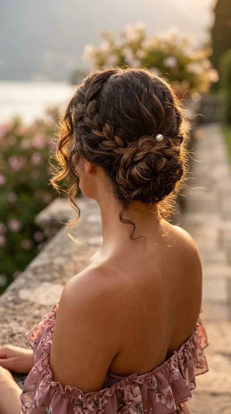 medium-long curly hair updo with espresso brunette, caramel lowlights, face-framing tendrils &mdash; romantic date night style