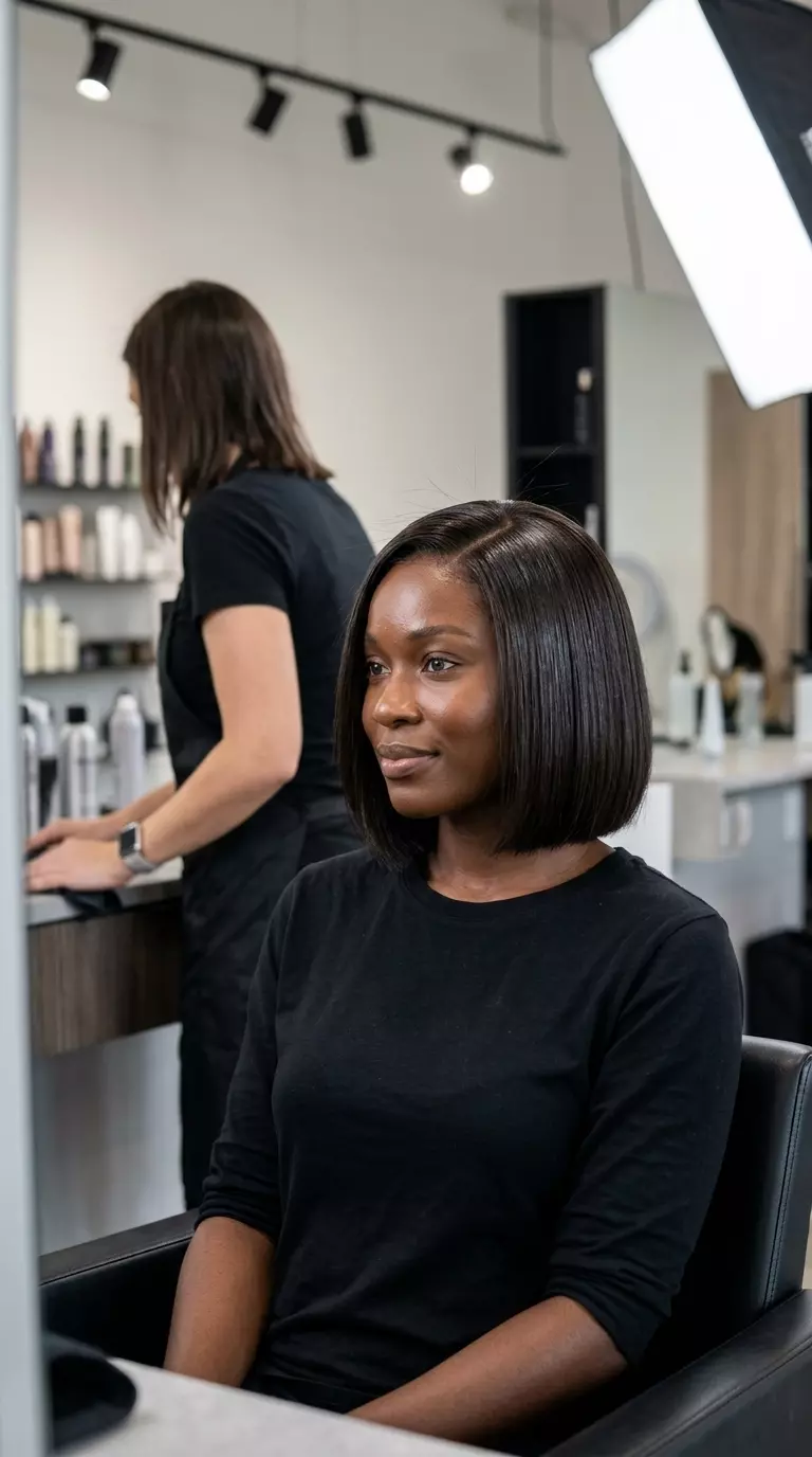 Deep Brunette Sculpted Bob 2026 short espresso brunette bob haircut with cool undertones, blunt cut, no fringe — sophisticated professional meeting