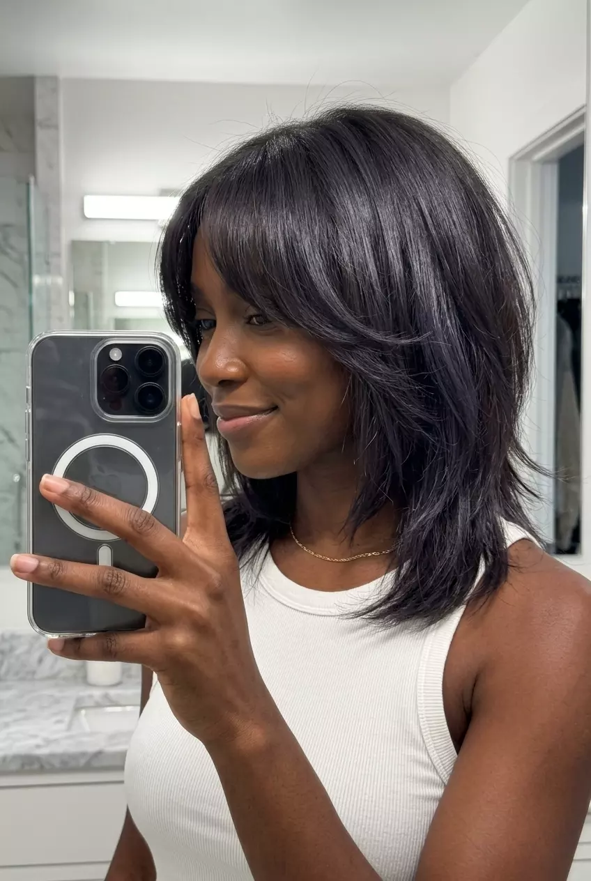 Soft-Goth Bottleneck Shag 2026 shoulder-length shag haircut in espresso brunette with violet undertones, bottleneck fringe for date night