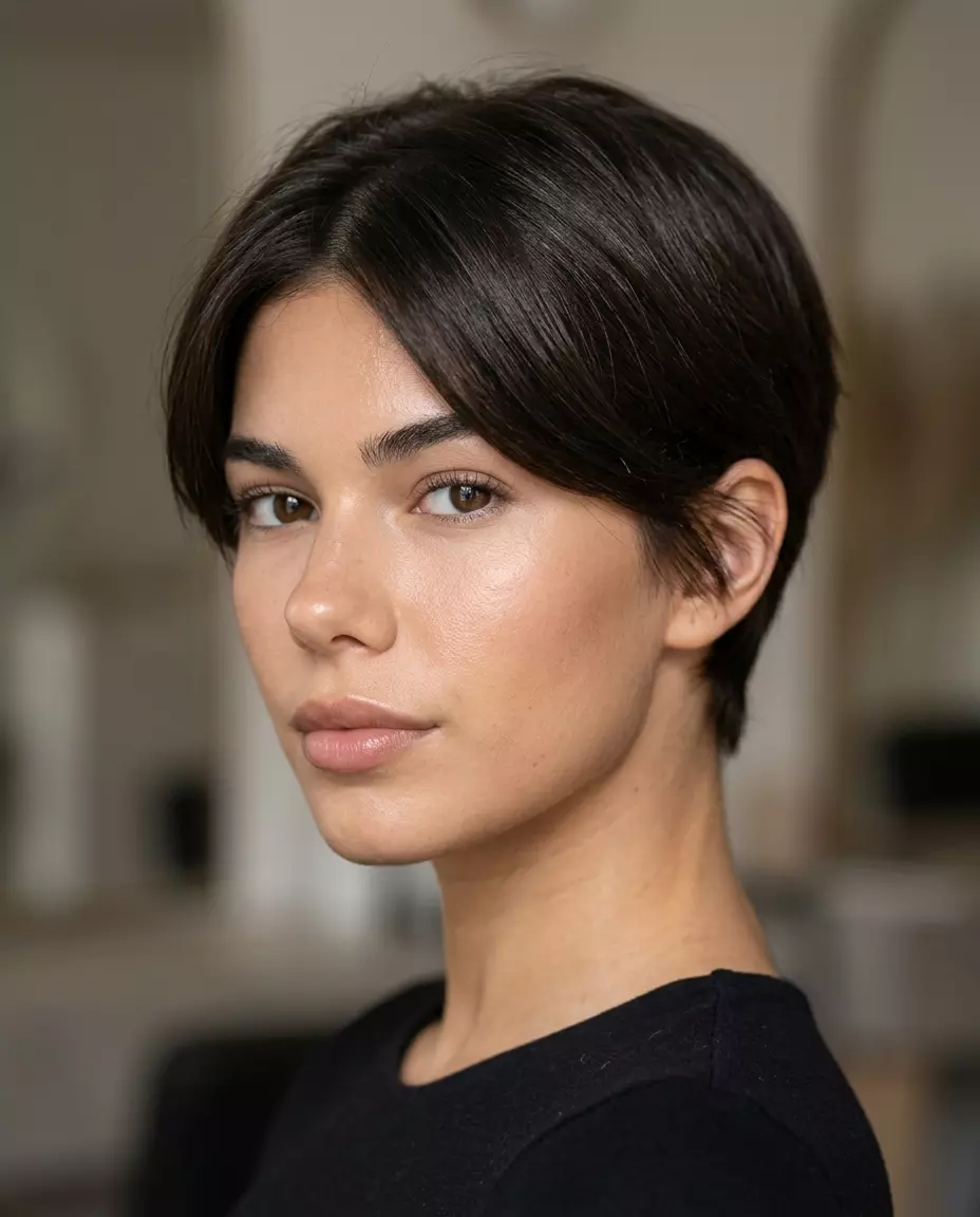 Espresso Gloss French Pixie 2026 very short espresso pixie haircut with high gloss finish, soft fringe, tapered sides for professional look