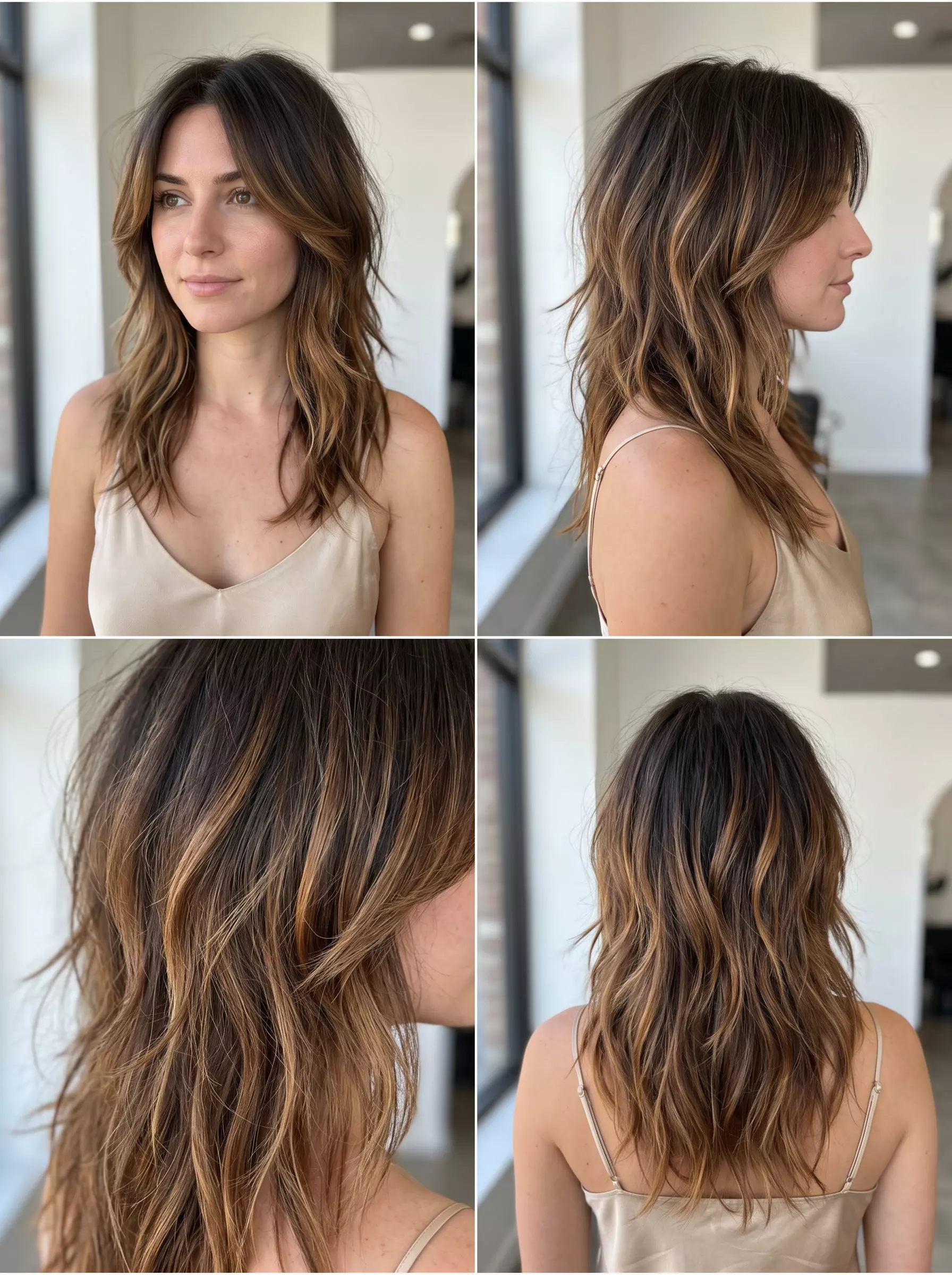 medium shag haircut ombre with espresso to caramel ribbons, choppy layers, blended fringe &mdash; playful and bohemian