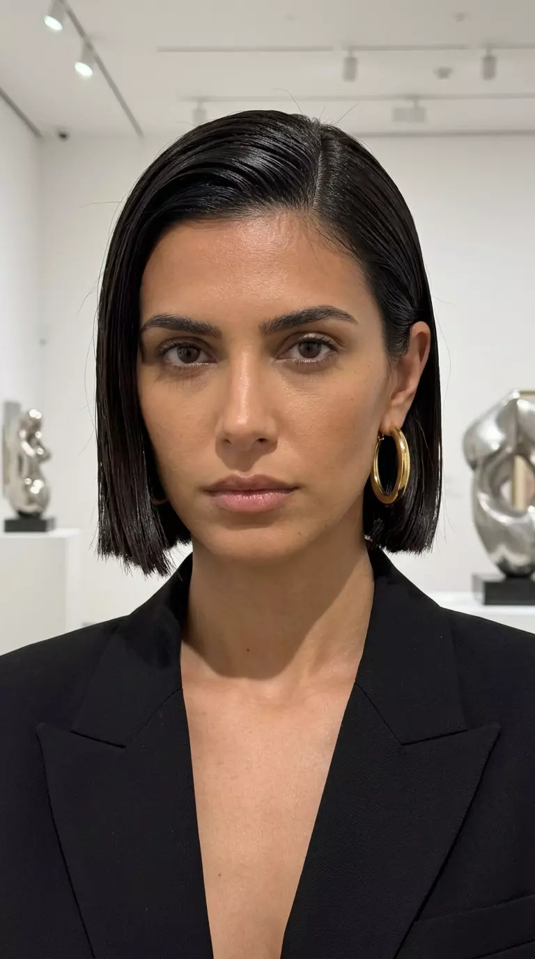 Espresso Hydro-Bob: Sleek Brunette Hair 2026 chin-length blunt bob haircut with espresso martini color, razor-sharp perimeter, deep side part for summer gala