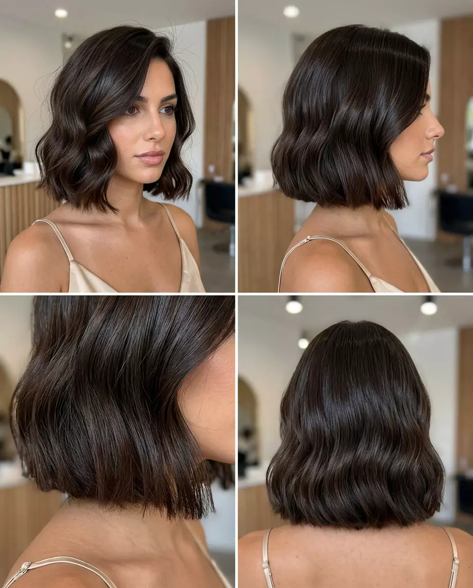 chin-length espresso brunette blunt bob with deep side part for summer haircut 2026