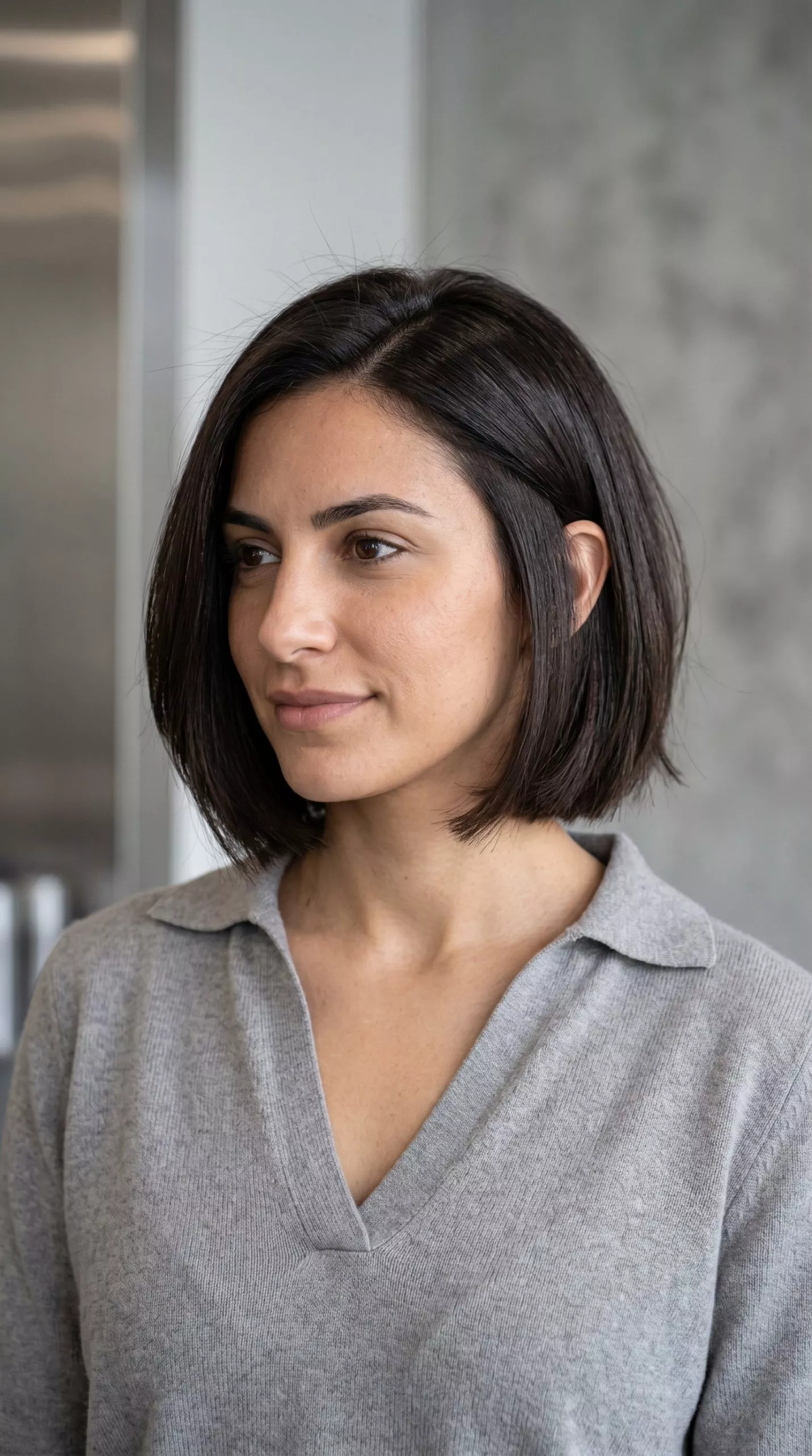 chin-length textured bob haircut with deep espresso brunette and blunt perimeter for a sophisticated look