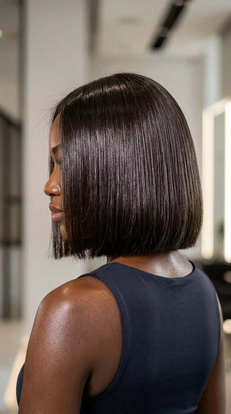 Boxy Volume Bob 2026 chin-length blunt bob with deep espresso and high-gloss sheen, no fringe — professional structured look