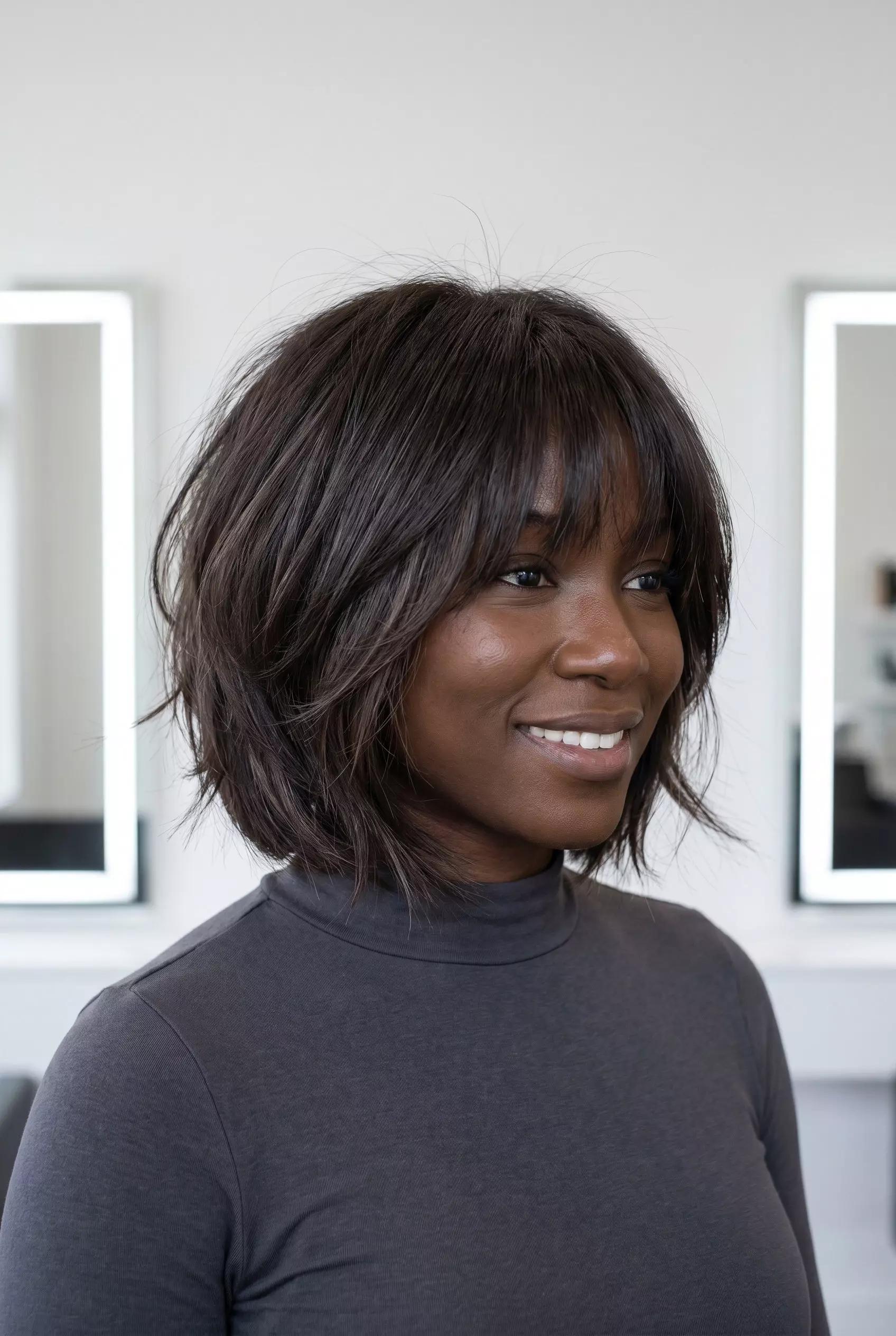 chin-length textured bob haircut with deep espresso brunette, internal layering, and piecey ends for a weekend outing