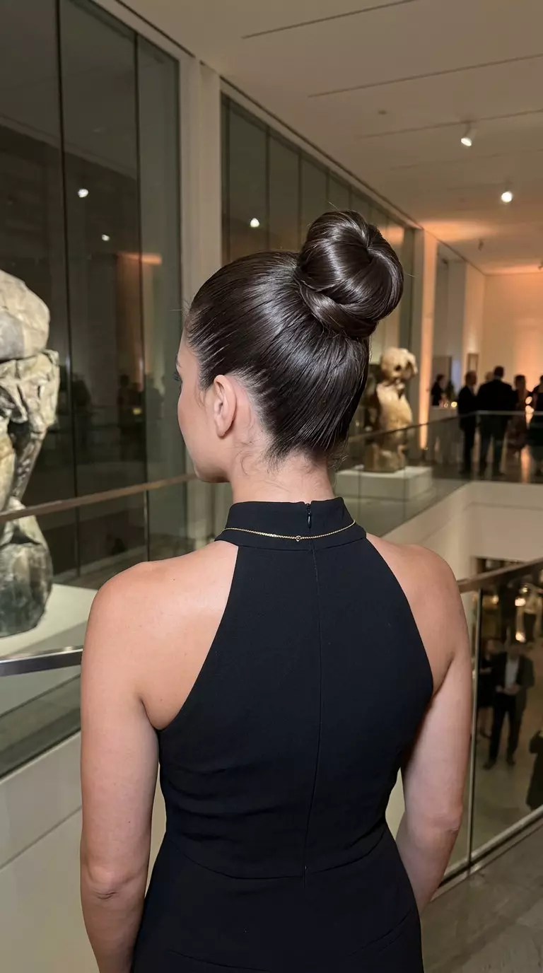 long espresso roast architectural bun with cool ash undertones, high-shine blunt cut for gala
