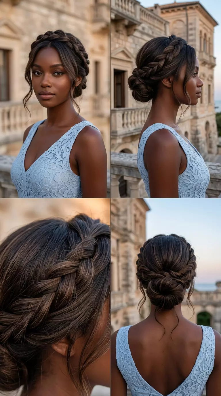 long espresso roast twisted crown bun with cool brown lowlights, elegant twists for wedding guest