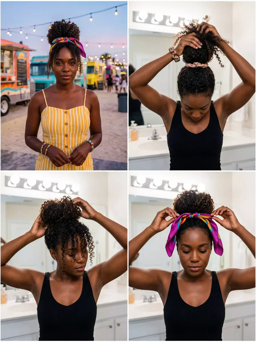 Easy Long Curly Pineapple Bun with Silk Scarf long curly pineapple bun with deep espresso color and silk scarf for summer