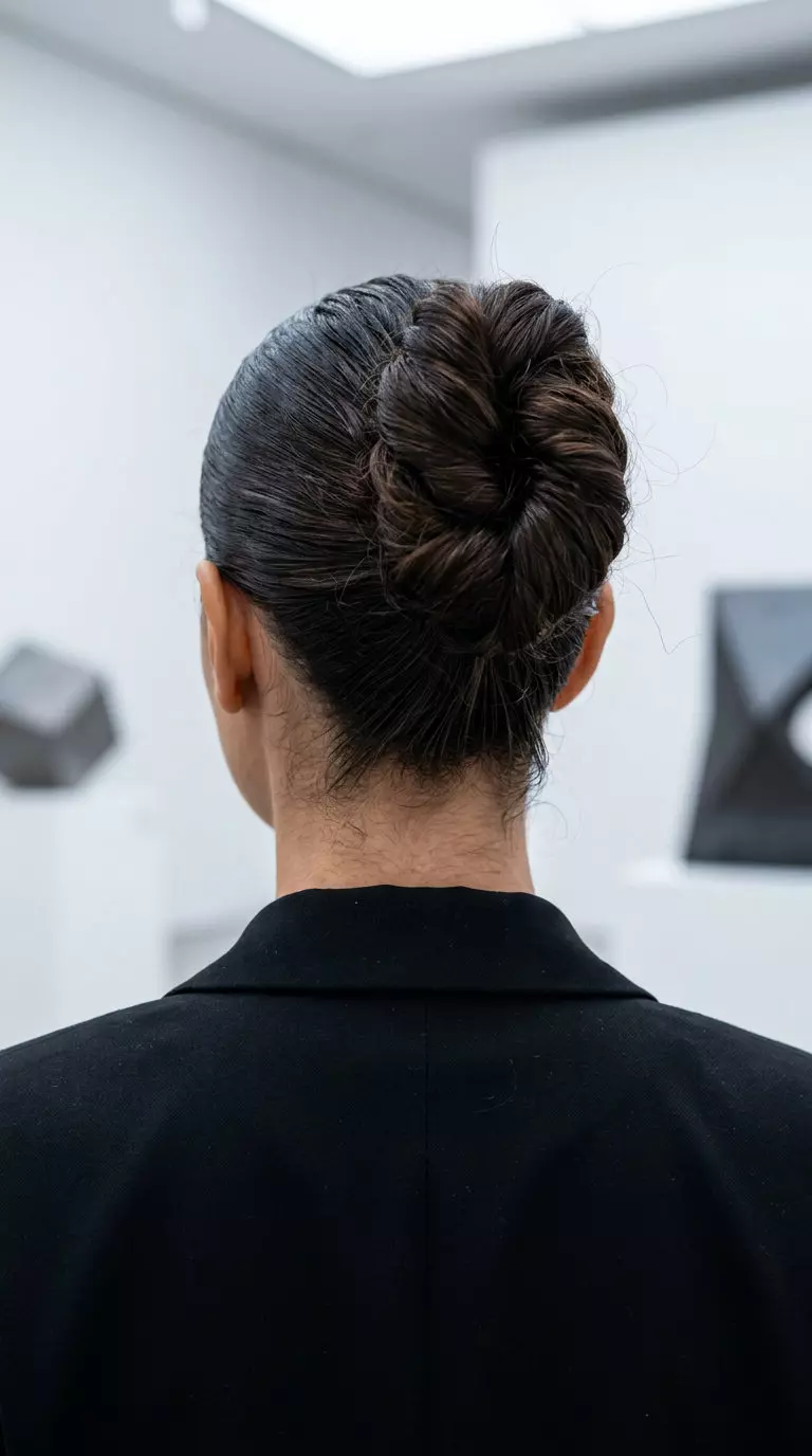 long curly espresso brown sculpted twisted bun with high-gloss finish for formal events