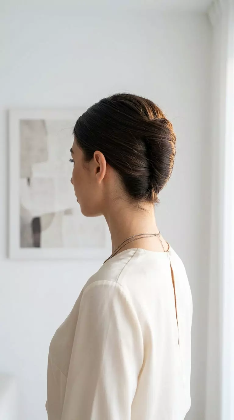 long deep espresso brunette updo with high shine, effortless french twist for daily wear