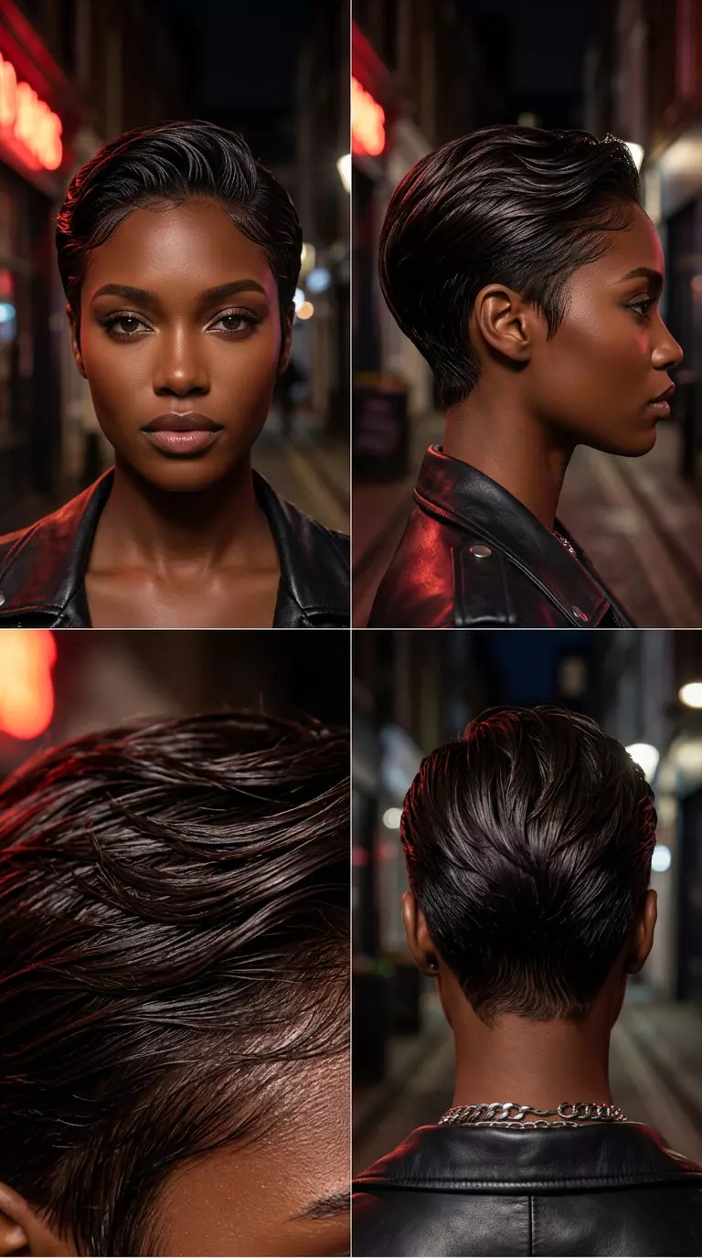 Espresso Martini Wet Look Pixie Summer 2026 very short espresso martini brunette wet look pixie with tapered sides for summer