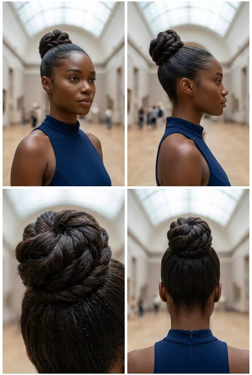 medium-length blunt cut espresso brunette updo with cool undertones and gloss, no layers &mdash; professional sleek minimalist