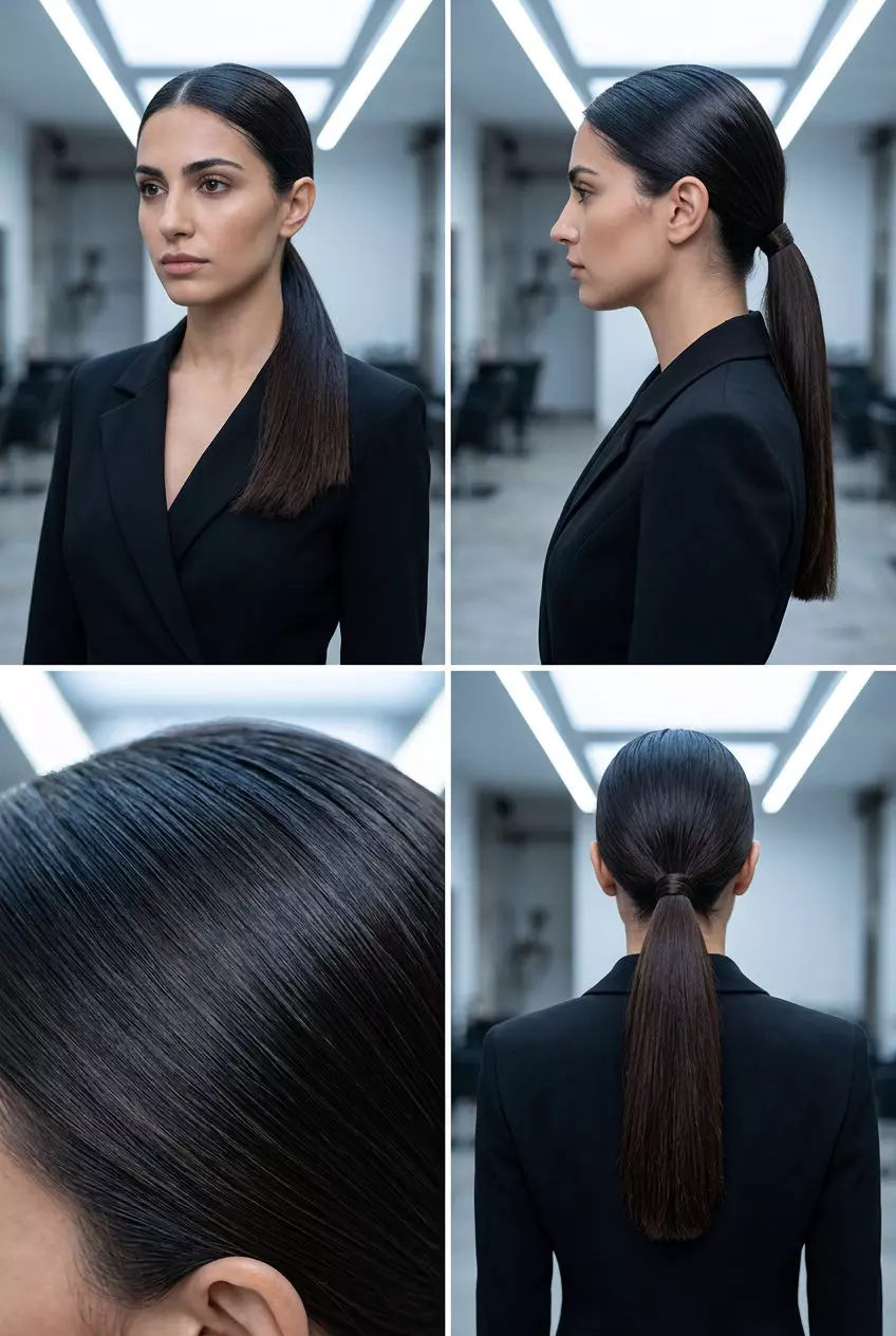 Espresso Roast Slicked Ponytail 2026 medium-long espresso roast brunette ponytail with blue-black undertones and blunt cut for a slicked look