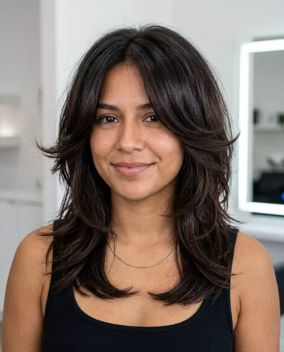 Espresso Shag with Butterfly Layers 2026 medium espresso shag haircut with butterfly layers and dark lowlights for summer