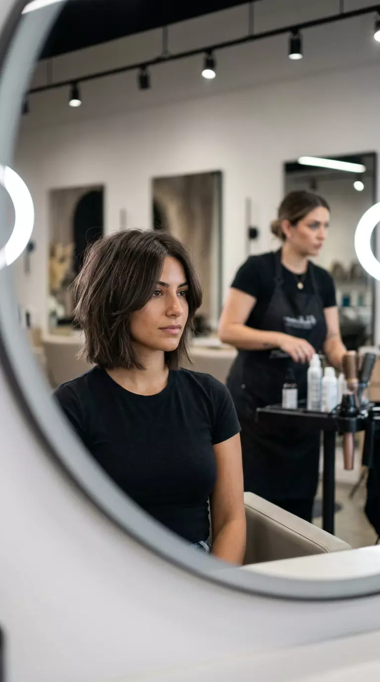 medium length wolf cut in deep espresso brunette with ash babylights, razored internal layers, no bangs &mdash; cyber edge