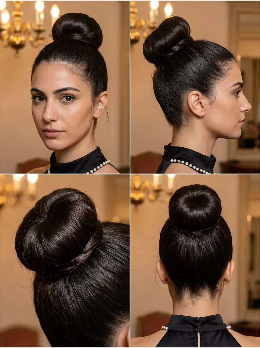 extra long blunt haircut in espresso roast with subtle taper and classic ballerina bun for summer
