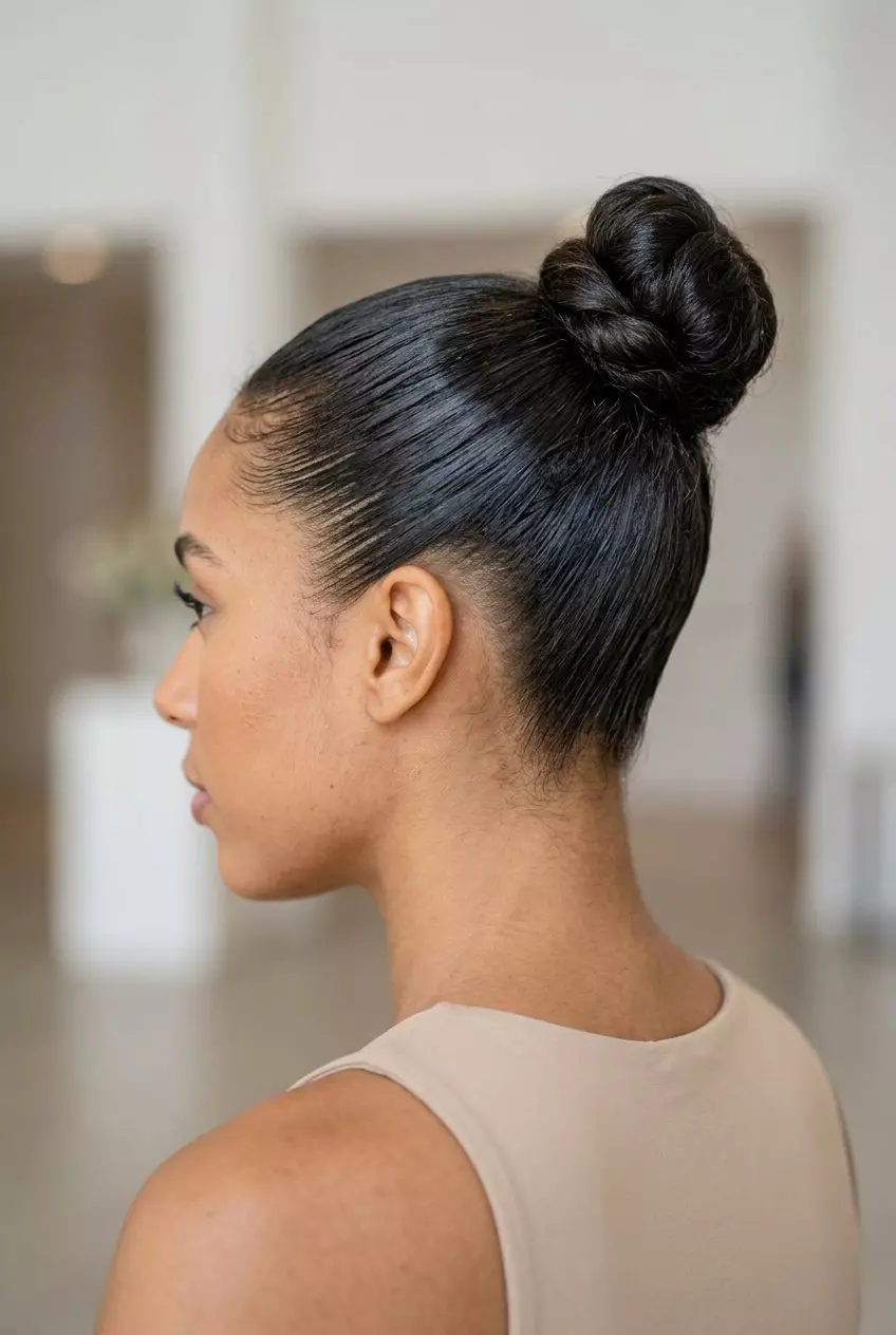 medium espresso roast slicked-back high bun with cool brown undertones, disconnected fade, no fringe &mdash; edgy summer night