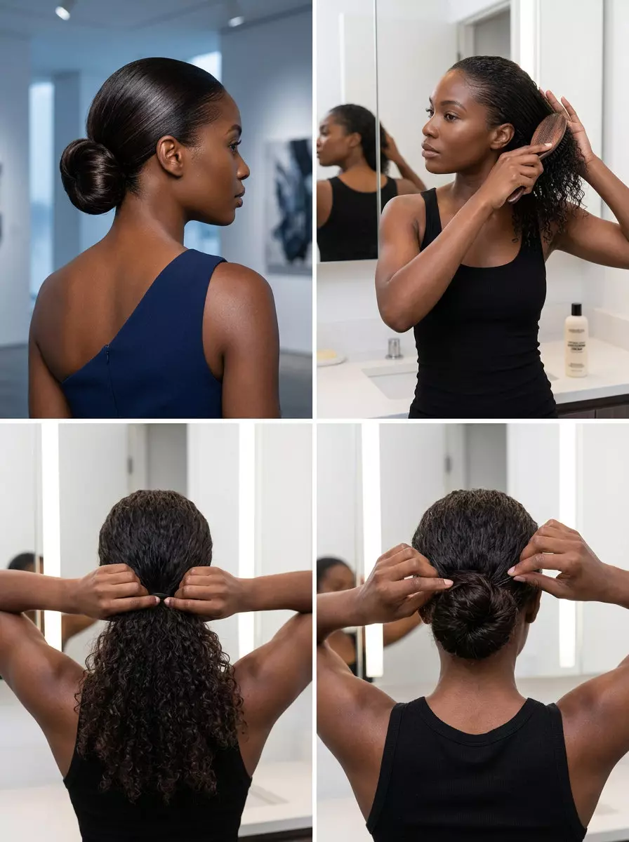 medium-long curly hair updo with espresso roast, high-gloss finish, blunt cut &mdash; sleek professional style