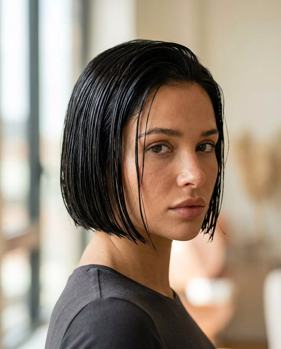 Wet-Look Power Bob Espresso 2026 short espresso roast bob haircut with slicked back style for summer