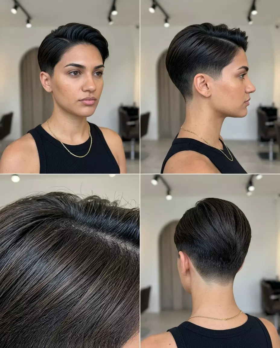 Espresso Roast Pixie Haircut 2026 short pixie haircut with espresso roast, tight fade, sharp side part — sophisticated & edgy
