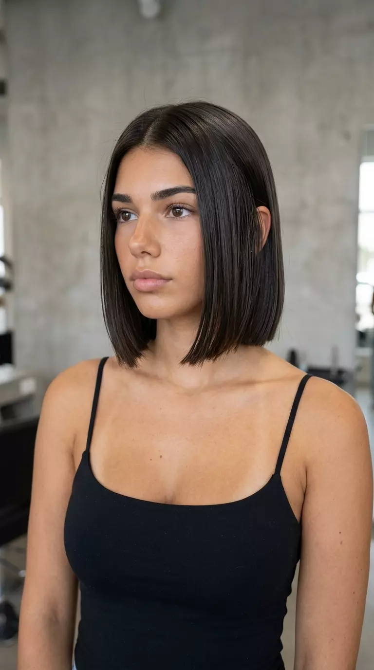 Hydro-Sleek Bob 2026 short espresso bob haircut with cool undertones, blunt cut, no fringe — sophisticated professional