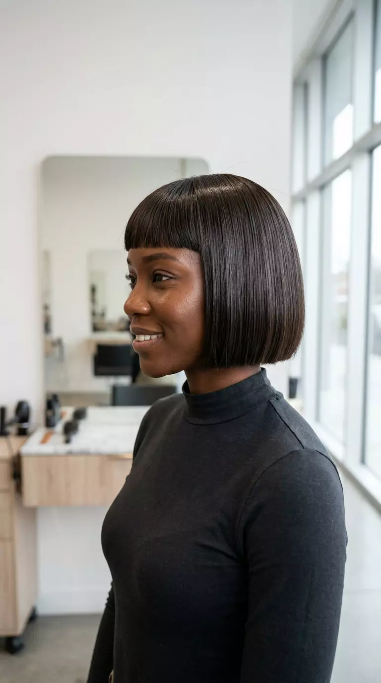 short espresso brunette blunt bob with micro fringe for summer haircut 2026