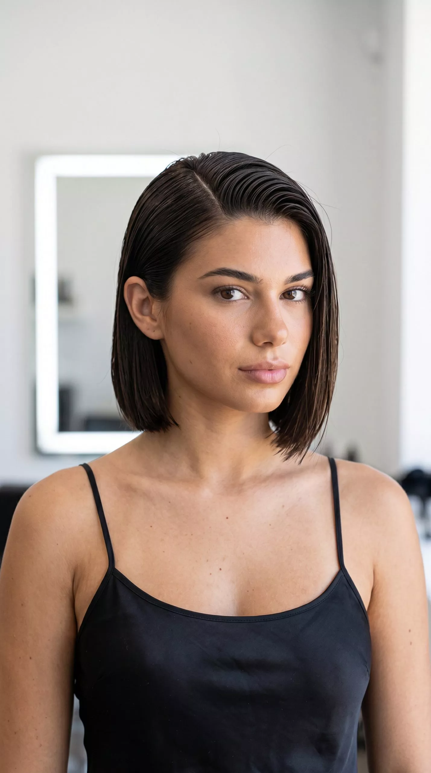 Slicked Brunette Bob 2026 short slicked brunette bob with deep side part and chocolate undertones for a chic look