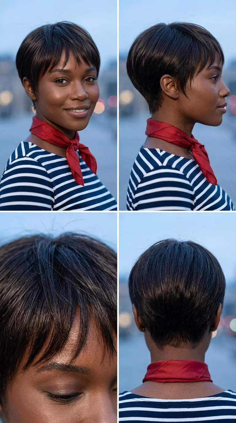 Chic Parisian Pixie Haircut 2026 short espresso pixie haircut with textured layers and wispy fringe for summer