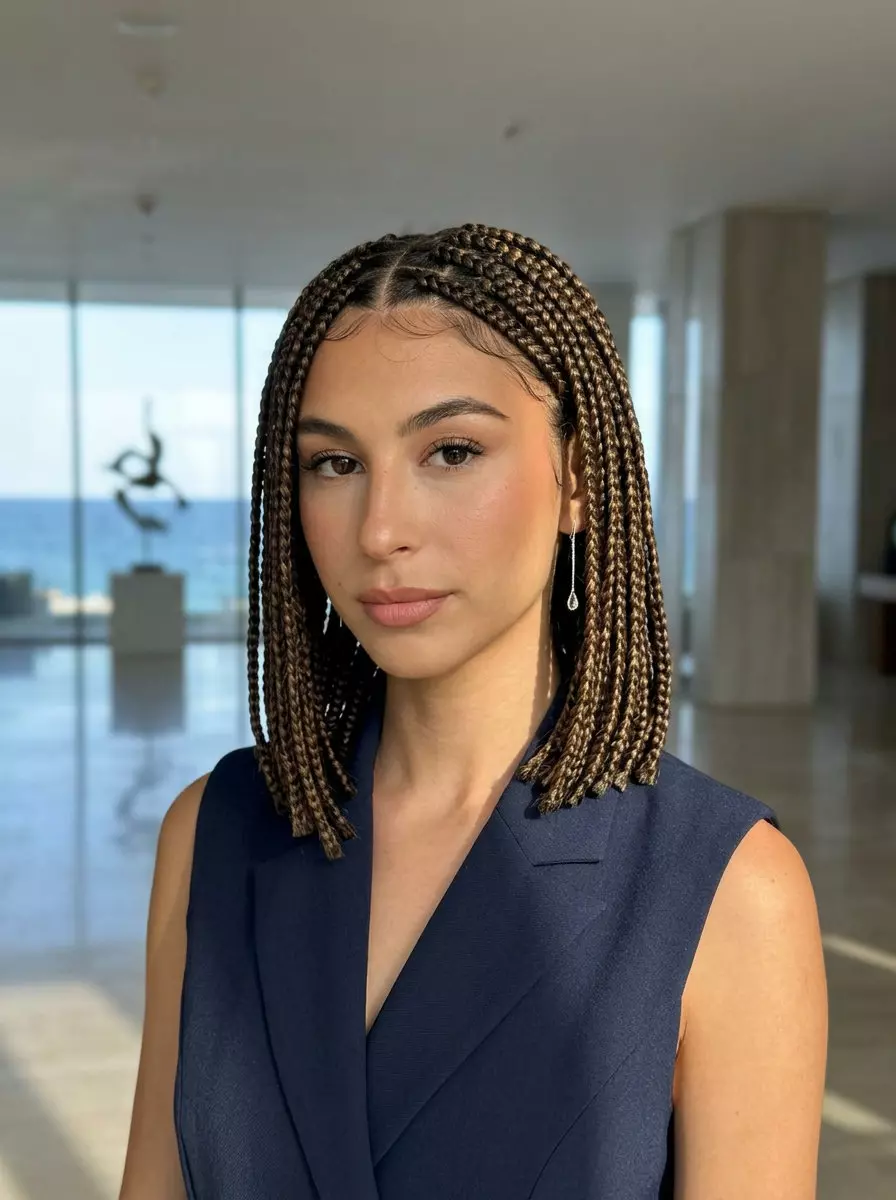 shoulder-length braided bob with sharp ends in espresso brunette for summer 2026