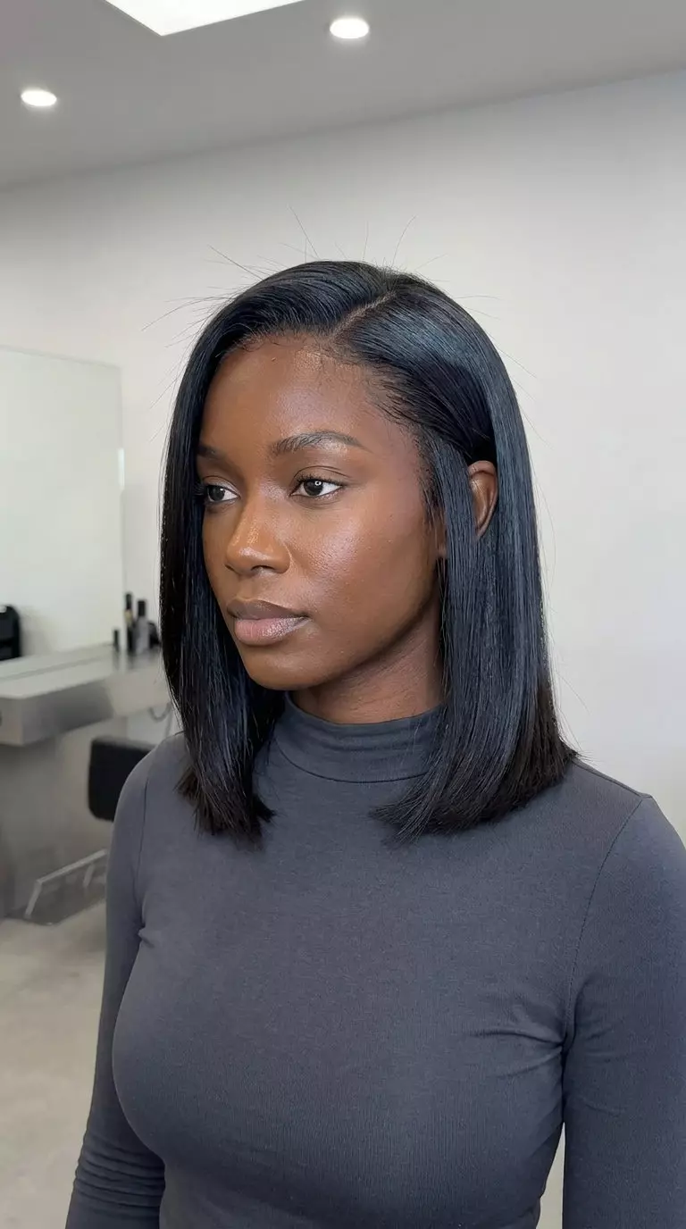 Sophisticated Espresso Lob 2026 shoulder-length espresso brunette lob haircut with blunt ends and deep side part for summer