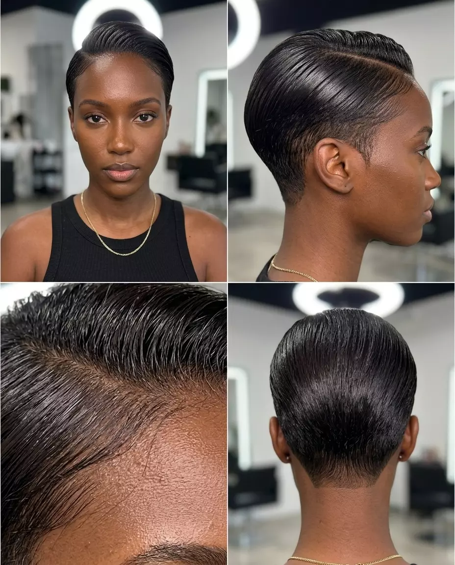 Wet-Look Espresso Pixie Haircut 2026 very short pixie haircut with deep espresso brunette, high-gloss clear finish, tapered sides — bold date night
