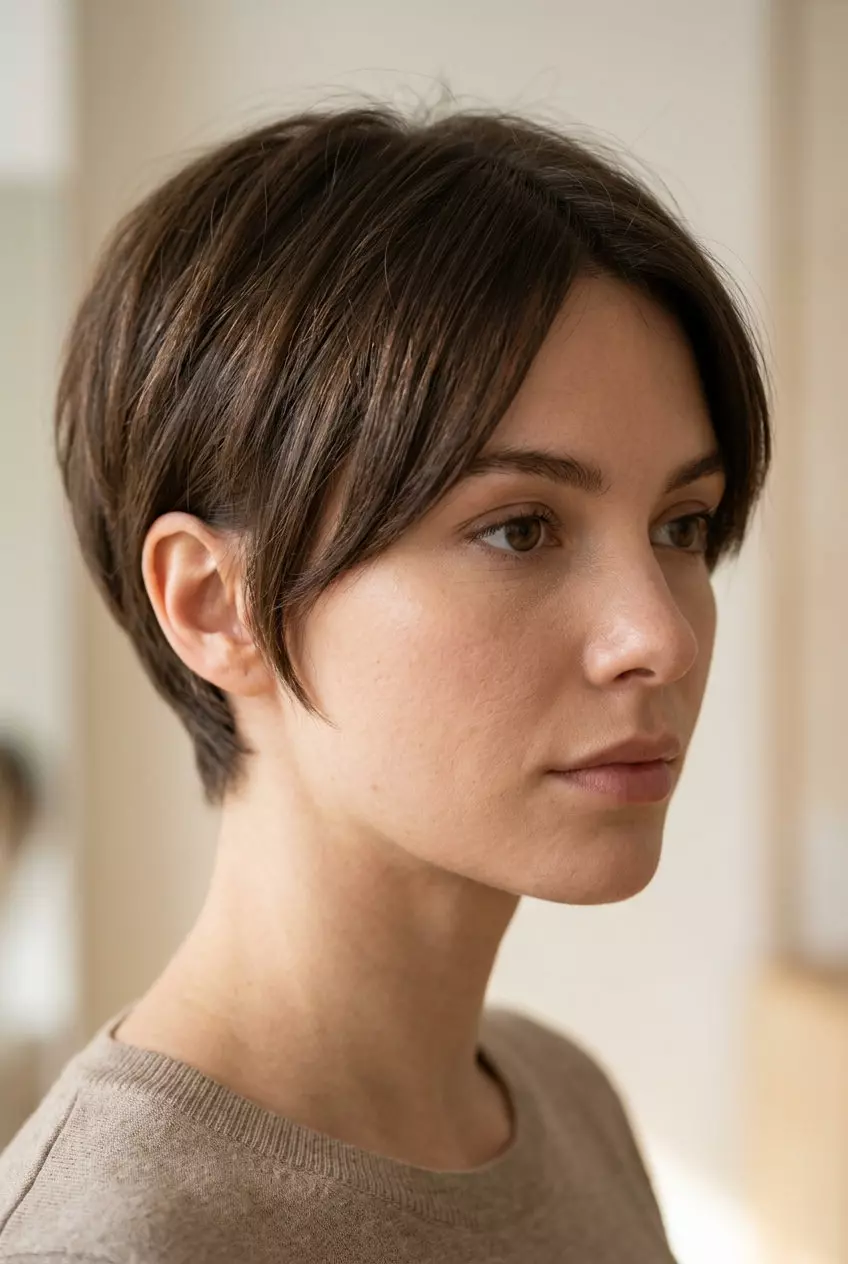 Parisian Micro Pixie Haircut 2026 very short pixie haircut with espresso brunette, soft layers, face-framing pieces — chic professional look