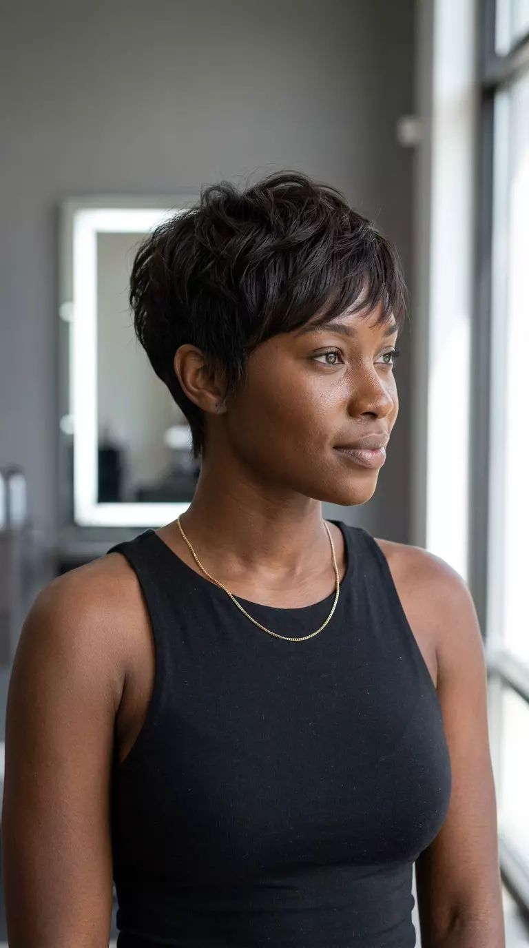 Espresso Gloss Tousled Pixie Haircut 2026 very short pixie haircut with deep espresso brunette, textured layers, wispy fringe — romantic dinner party
