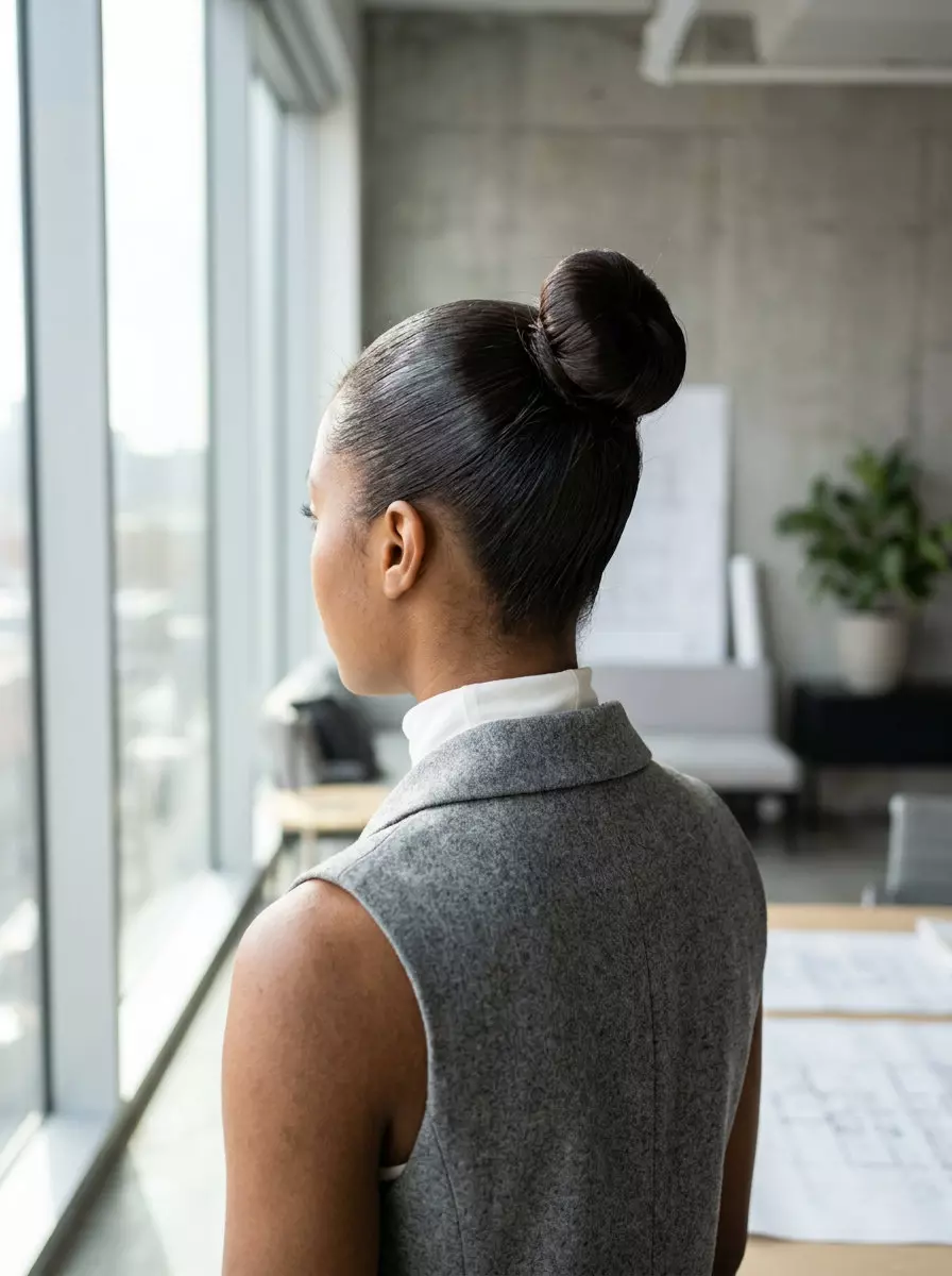 very short deep espresso brunette top knot updo with sculpted smooth texture, no fringe &mdash; minimalist sleek professional