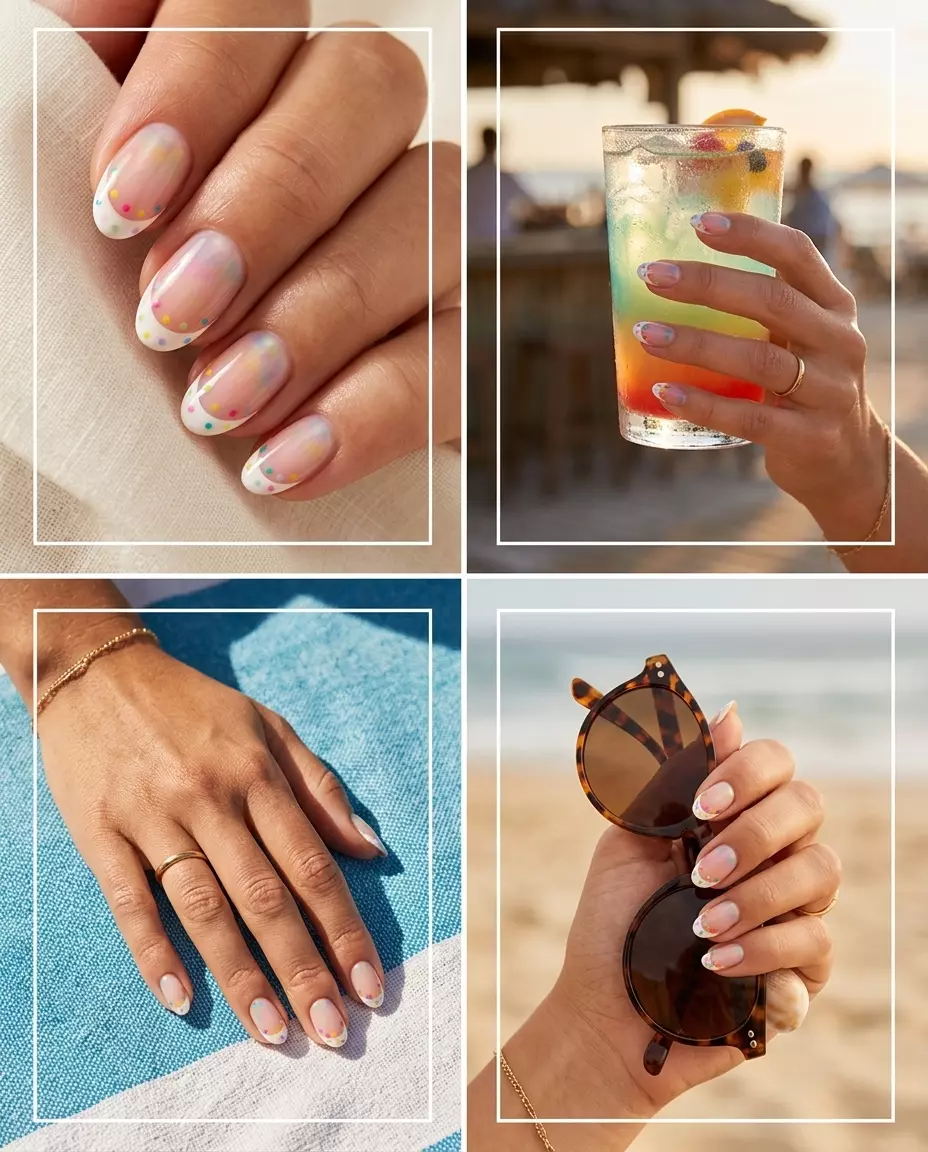 Dotty French Summer 2026 Fun multicolor dotty French manicure for vacation or casual outings, summer 2026.