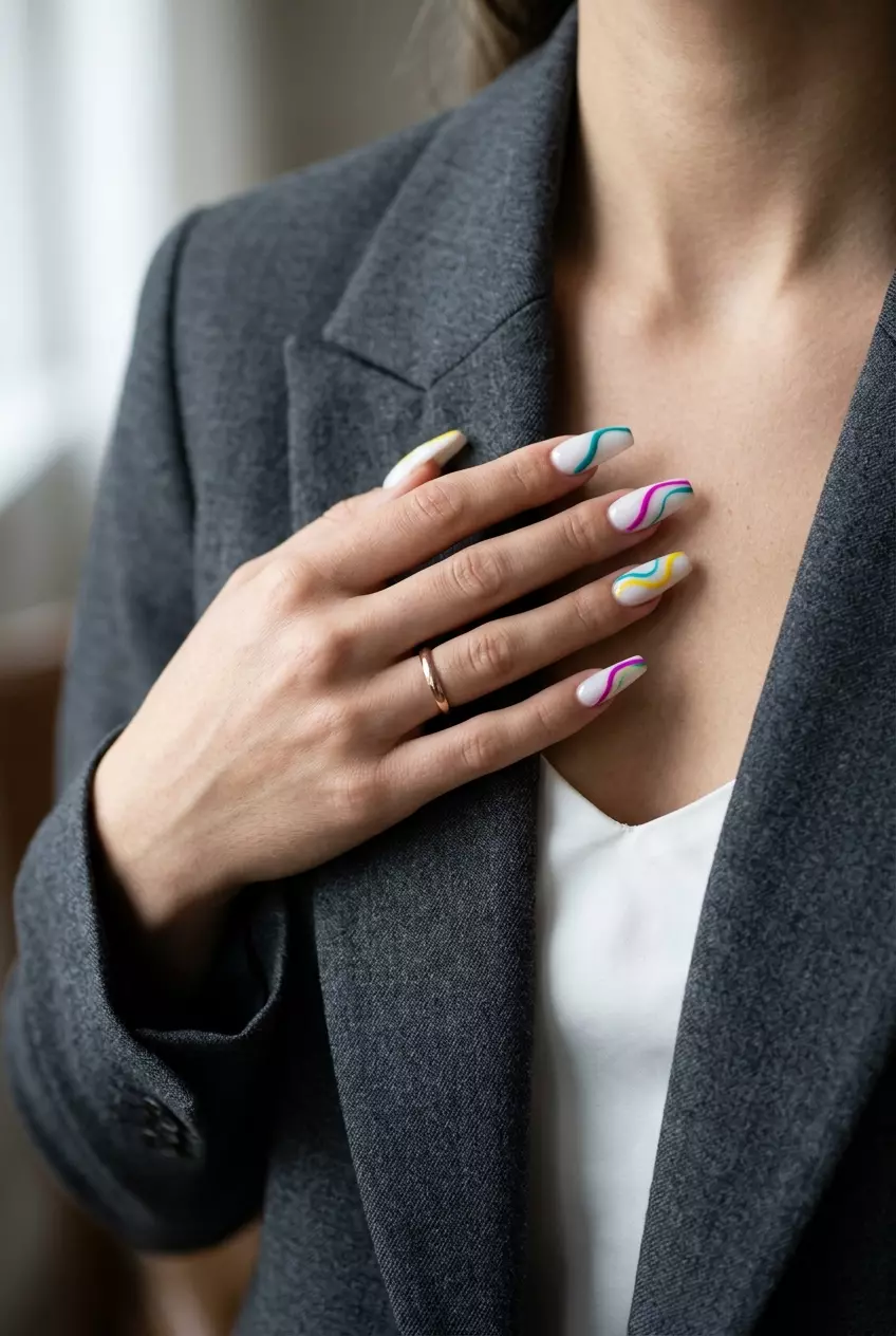 Edgy milky white abstract line nails for french manicure summer 2026. Bold party style.