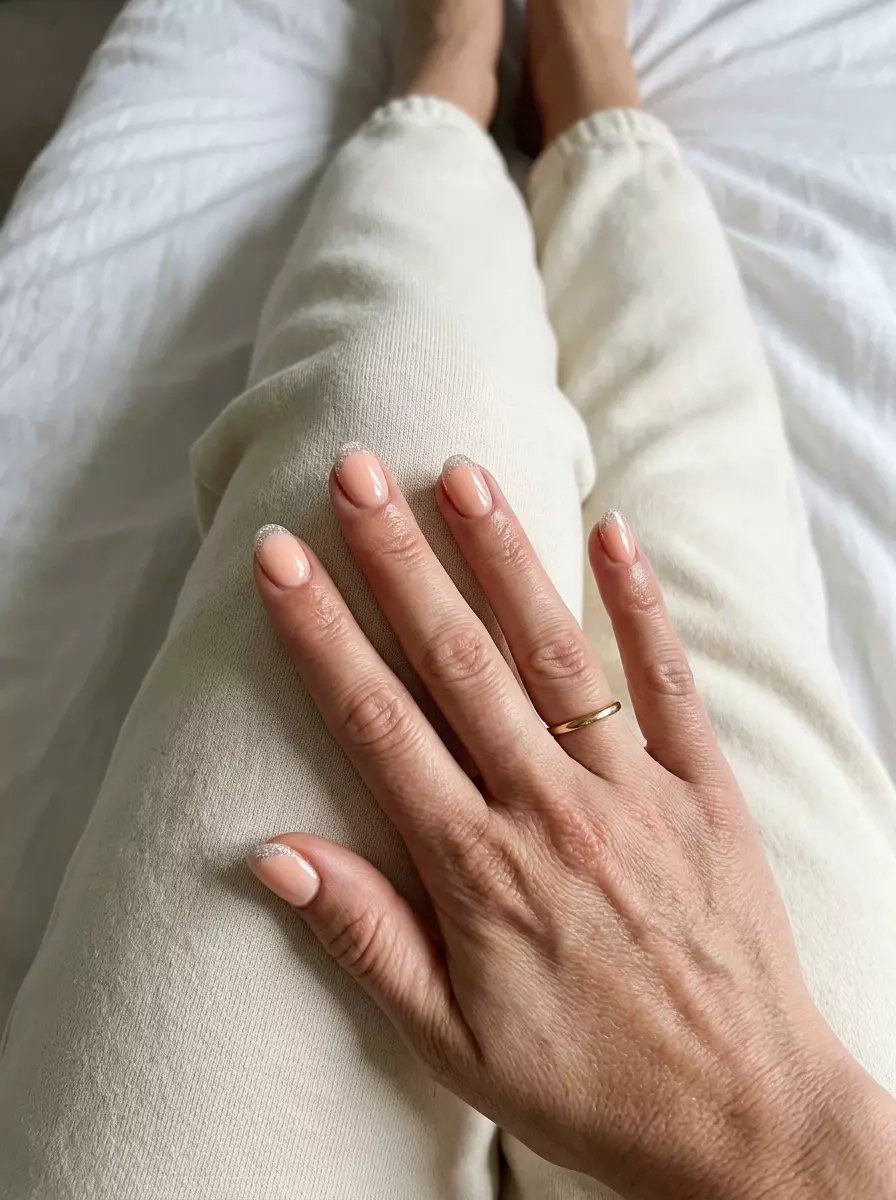 Peach Fuzz Glitter French 2026 Glamorous peach fuzz glitter French manicure for summer parties or festivals, 2026.