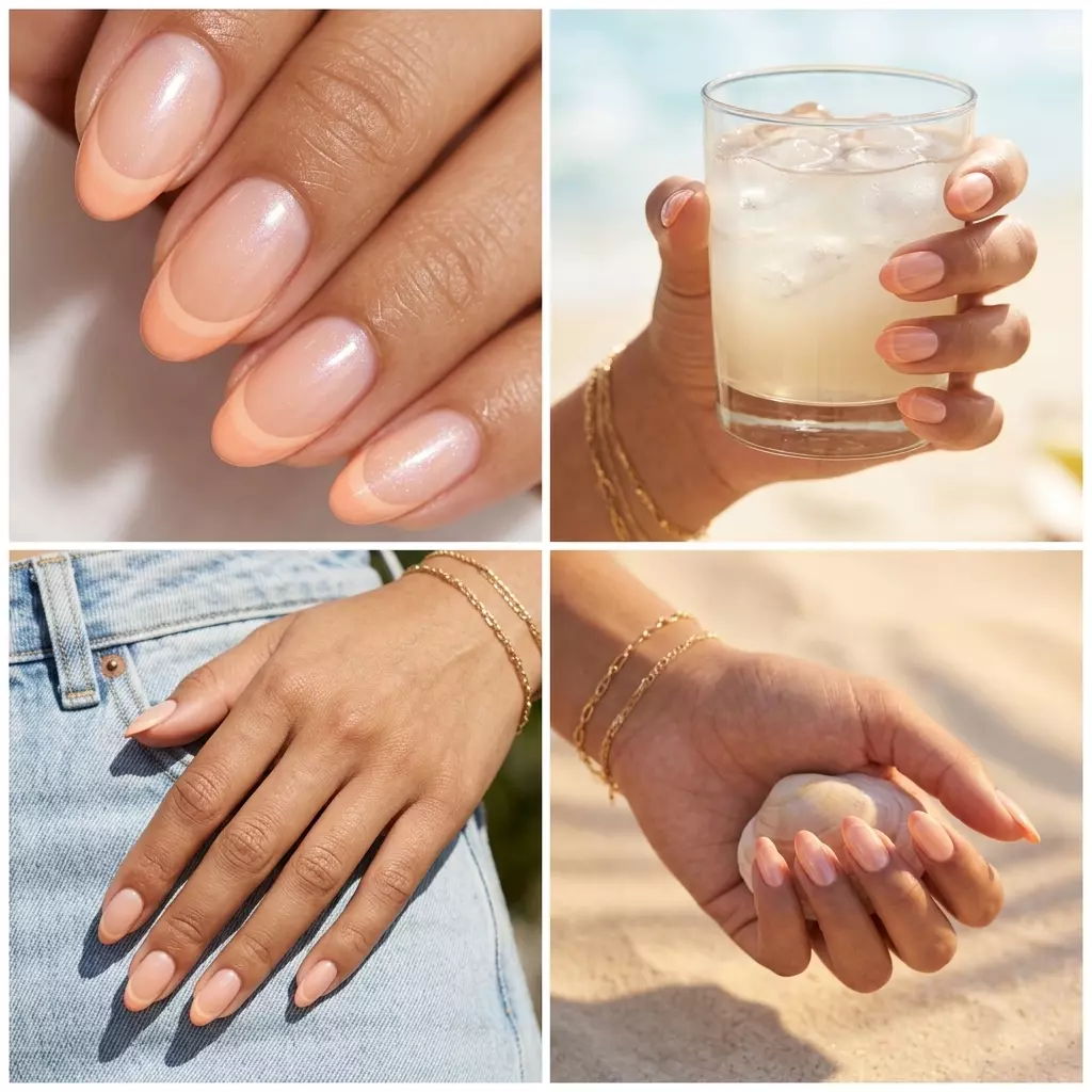 French Manicure Summer 2026: Peach Fuzz Sparkle Peach Fuzz Double French Sparkle nails for french manicure summer 2026. Romantic, playful, chic.