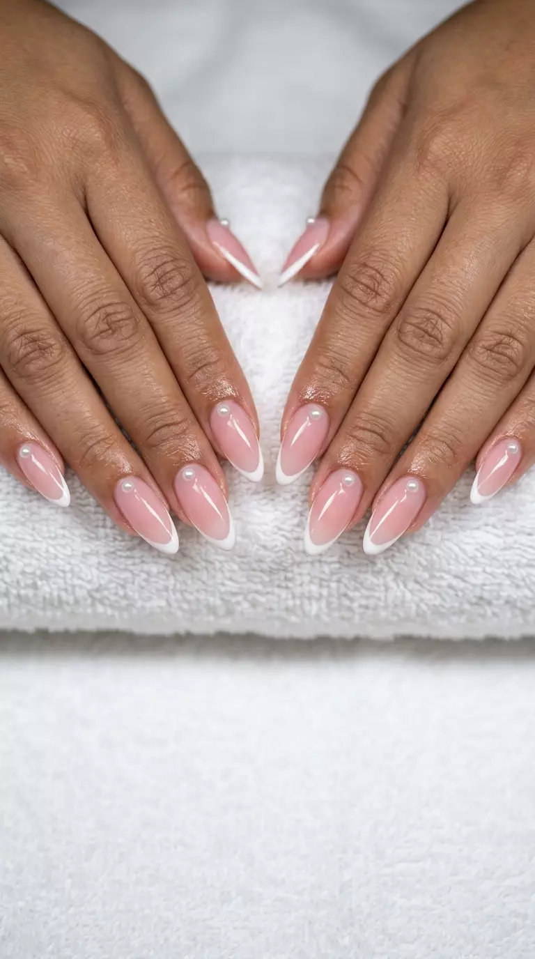 Pearl Accent French Manicure Summer 2026 Elegant sheer pink French manicure with pearl accent for french manicure summer 2026. Bridal shower style.