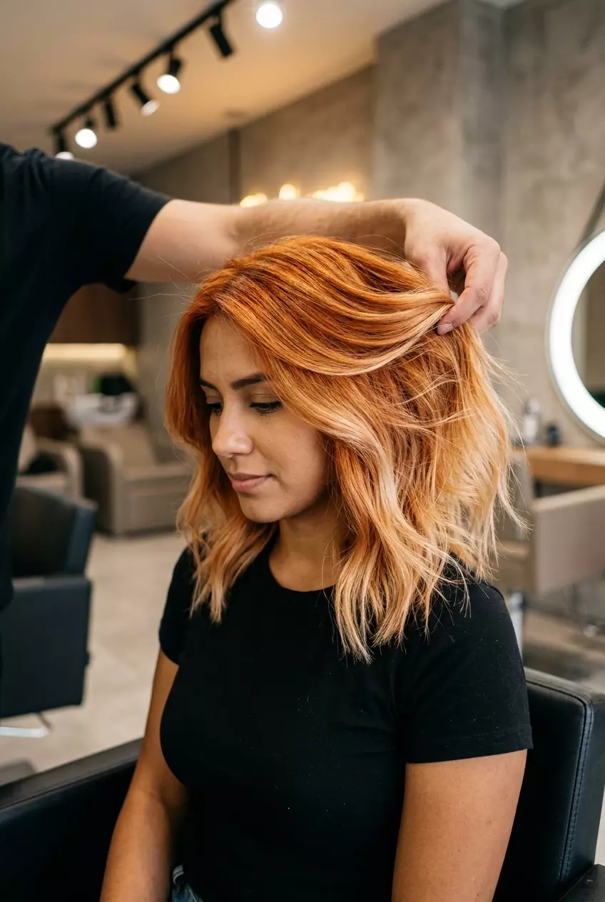 medium-length ombre ginger copper with spun-sugar blonde ends, playful contrast, N/A &mdash; playful weekend outing